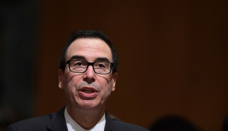Protestors shouted at Treasury Secretary Steven Mnuchin on Monday as he delivered a speech to a group of students at the University of California, Los Angeles.
