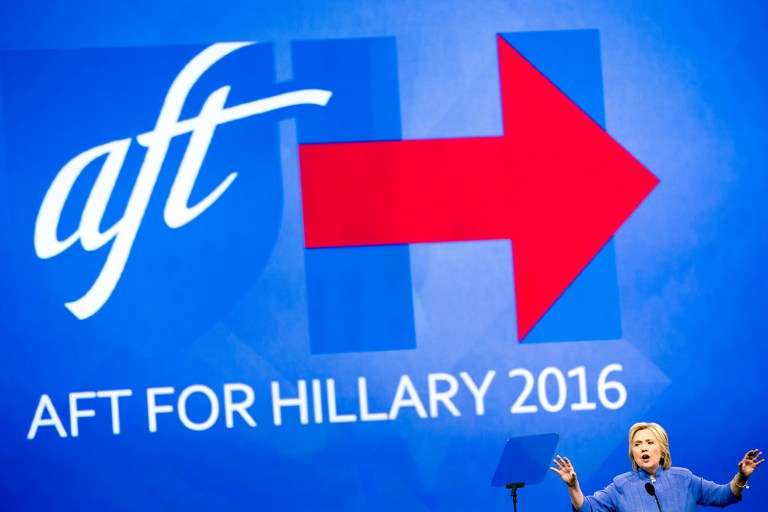 AFT was one of the first unions to endorse Democratic presidential candidate Hillary Clinton. (AP Photo/Andrew Harnik)