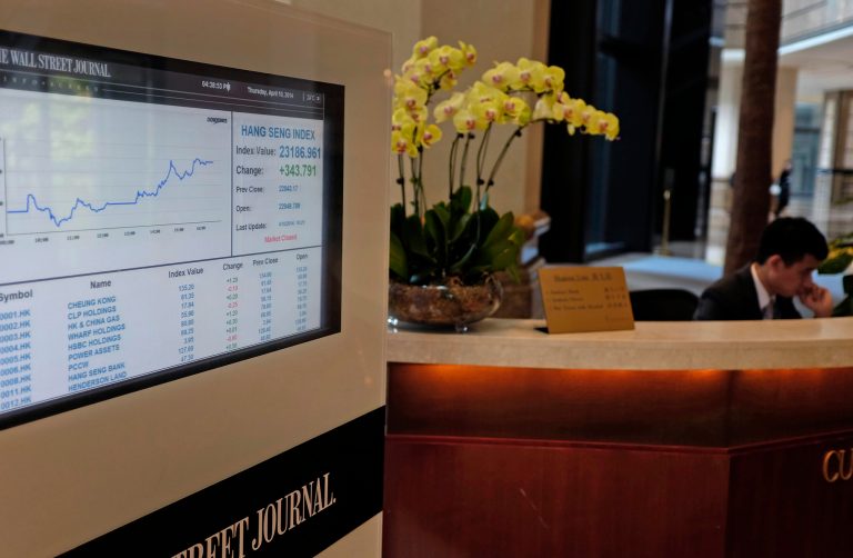 An electronic board showing the Hong Kong share index is seen at a commercial building in Hong Kong Thursday, April 10, 2014. China has unveiled a plan that would give foreign investors greater access to its stock market by allowing investors in Shanghai and Hong Kong to trade shares on each other's exchanges. (AP Photo/Vincent Yu)