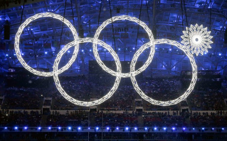 One of the rings forming the Olympic Rings fails to open during the opening ceremony of the 2014 Winter Olympics in Sochi, Russia, Friday, Feb. 7, 2014. (AP Photo/Mark Humphrey)