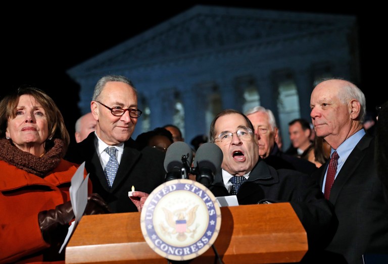 House Minority Leader Nancy Pelosi and Senate Minority Leader Chuck Schumer along with other Democrats speak in front of the Supreme Court about President Donald Trump's recent immigration ban. (AP Photo/Alex Brandon)