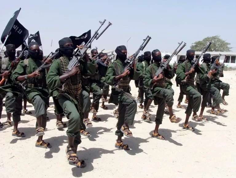 Hundreds of newly trained al Shabab fighters perform military exercises in the Lafofe area some 18km south of Mogadishu, Somalia.