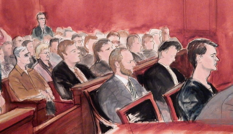 In this courtroom drawing, Ross Ulbricht, right, appears in federal court in New York for sentencing, Friday, May 29, 2015. Ulbricht, 31, who created the underground drug-selling website Silk Road was sentenced Friday to life in prison by a judge who cited six deaths from drugs bought on his site and five people he tried to have killed. Three rows behind Ulbricht, at left rear in the brown jacket is his father, Kirk Ulbricht, and next to him, mother, Lyn Ulbricht. (Elizabeth Williams via AP)