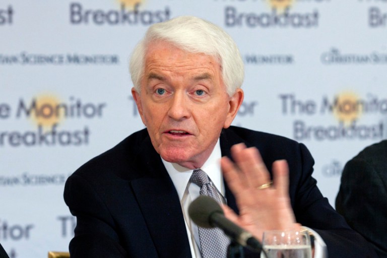 U.S. Chamber President Thomas Donohue at a media breakfast sponsored by theÃÂ ChristianÃÂ Science Monitor. Michael Bonfigli/The Christian Science Monitor.
