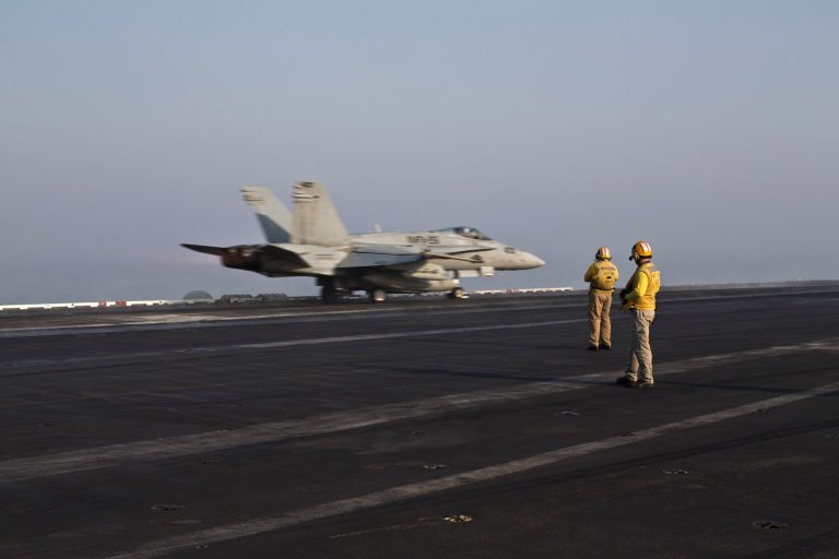 AÂ U.S. Marine fighter jet aircraft aboard the USS Theodore Roosevelt aircraft carrier.Â Attacks by Russian aircraft and sea-based cruise missiles against U.S.-supported rebels have forced U.S. planes attacking the Islamic State to change their flight paths to avoid getting too close to Russian planes.Â (AP Photo/Marko Drobnjakovic)