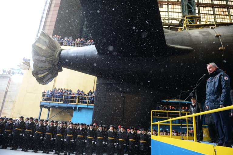 Deputy Prime Minister Dmitry Rogozin speaks at the launching ceremony for the nuclear submarine cruiser Kazan of the Russian Navy in Severodvinsk on March 31. (Sergey Mamontov/Sputnik via AP)