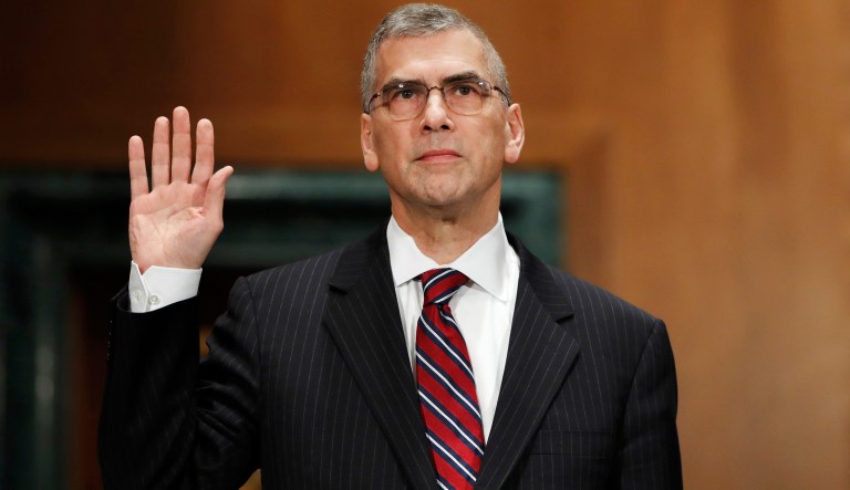 Marvin Goodfriend is sworn in before testimony at a Senate Banking Committee hearing on his nomination to be a member of the Federal Reserve Board of Governors, Tuesday, Jan. 23, 2018, on Capitol Hill in Washington. (AP Photo/Jacquelyn Martin)
