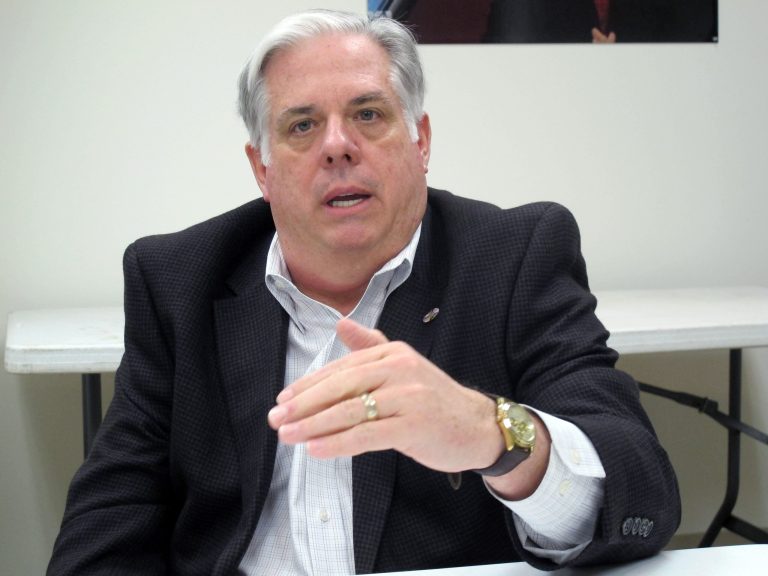 Republican Larry Hogan speaks during an interview Tuesday, Jan. 21, 2014 at his campaign headquarters in Annapolis, Md. Hogan has officially announced he is running for governor, but he's postponing an evening event due to snow. (AP Photo/Brian Witte)