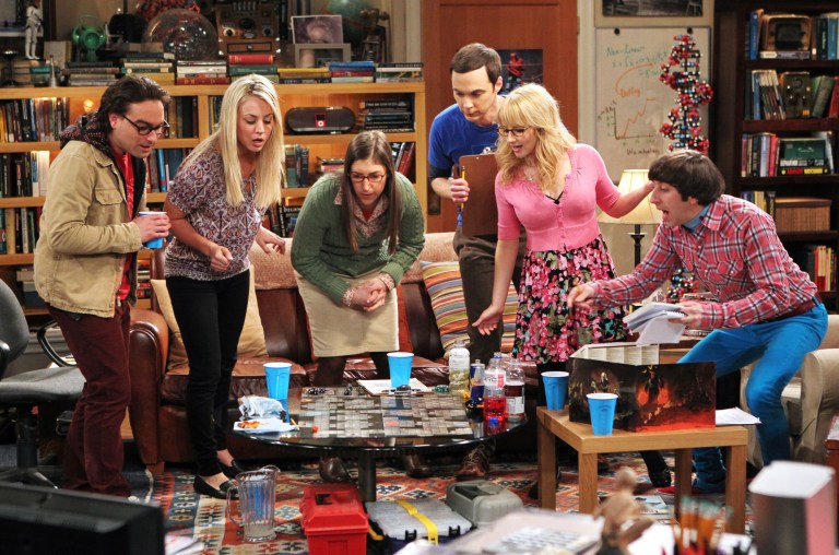 This undated photo released by CBS shows, from left, Johnny Galecki, Kaley Cuoco, Mayim Bialik, Jim Parsons, Melissa Rauch and Simon Helberg, in the episode 