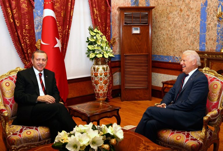 In this photo provided by the Presidential Press Service, Turkey's President Recep Tayyip Erdogan, left, and U.S. Vice President Joe Biden speak during a meeting in Istanbul, Turkey, Saturday, Nov. 22, 2014. (AP Photo/Kayhan Ozer, Turkish Presidential Press Service, HO)