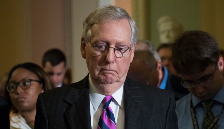 President Trump mocked Senate Majority Leader Mitch McConnell on Thursday for failing to reform federal healthcare policy after years of calling for a replacement to Obamacare. (AP Photo/J. Scott Applewhite)