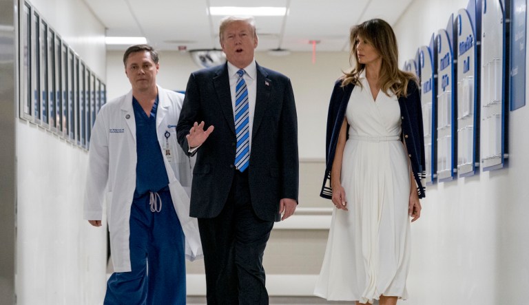 President Trump, accompanied by first lady Melania Trump, visited with medical staff at Broward Health North Hospital in Pompano Beach, Fla., on Friday following Wednesday's shooting at Marjory Stoneman Douglas High School, in Parkland, Fla. (AP Photo/Andrew Harnik)