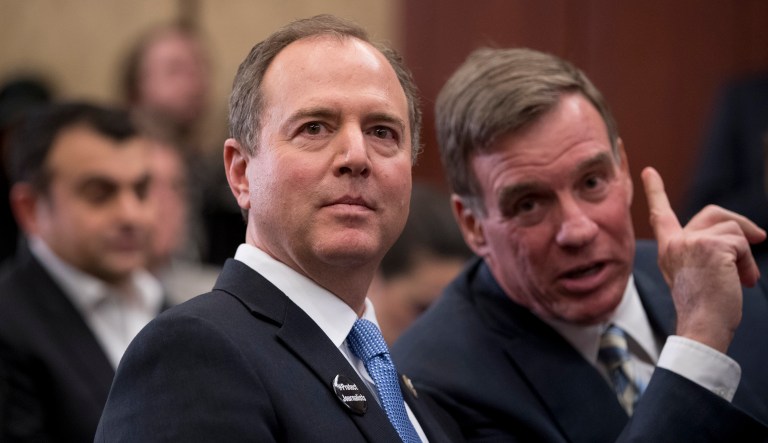 Adam Schiff, D-Calif., chairman of the House Intelligence Committee, left, speaks with Sen. Mark Warner, D-Va., at an event marking 100 days since the death of Jamal Khashoggi on Capitol Hill in Washington, Thursday, Jan. 10, 2019.
