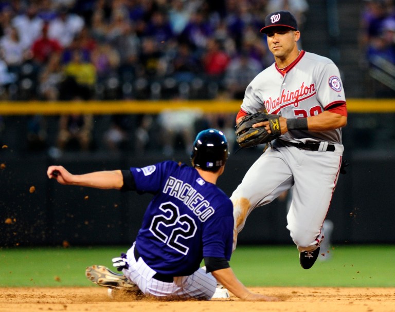 Washington Nationals shortstop Ian Desmond (20) tags second base to force out Colorado Rockies' Jordan Pacheco (22) during the sixth inning of a baseball game, Monday, June 25, 2012, in Denver. (AP Photo/Jack Dempsey)