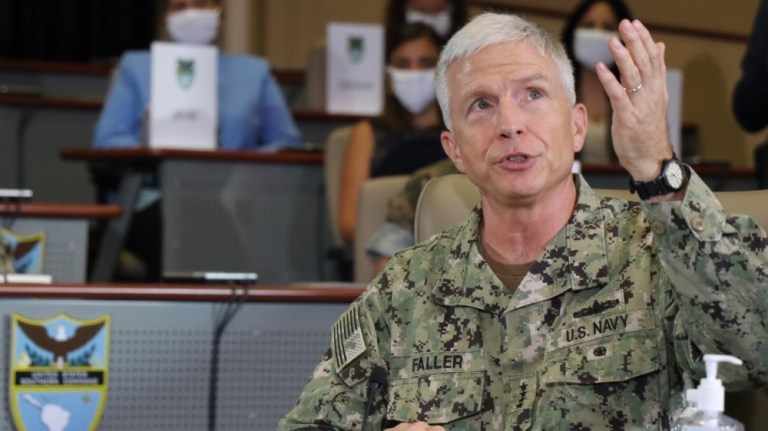 SOUTHCOM Commander ADM Craig Faller speaks during a briefing at U.S. Southern Command headquarters in Doral, Florida.