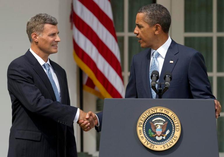President Obama shakes hands with Alan Krueger after announcing him as his choice to become chairman of the Council of Economic Advisers on Monday.