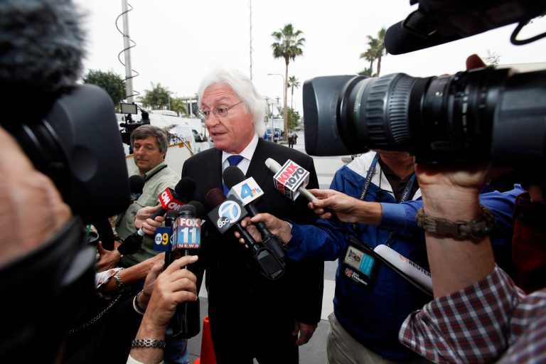 Former Michael Jackson's attorney Thomas Mesereau talks to reporters as he arrives at a courthouse for Katherine Jackson's lawsuit against concert giant AEG Live in Los Angeles, Monday, April 29, 2013. Mesereau is expected to testify during the trial. (AP Photo/Nick Ut)