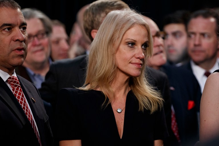Donald Trump's campaign manager Kellyanne Conway appeared optimistic about the outcome of the election. (AP Photo/ Evan Vucci)
