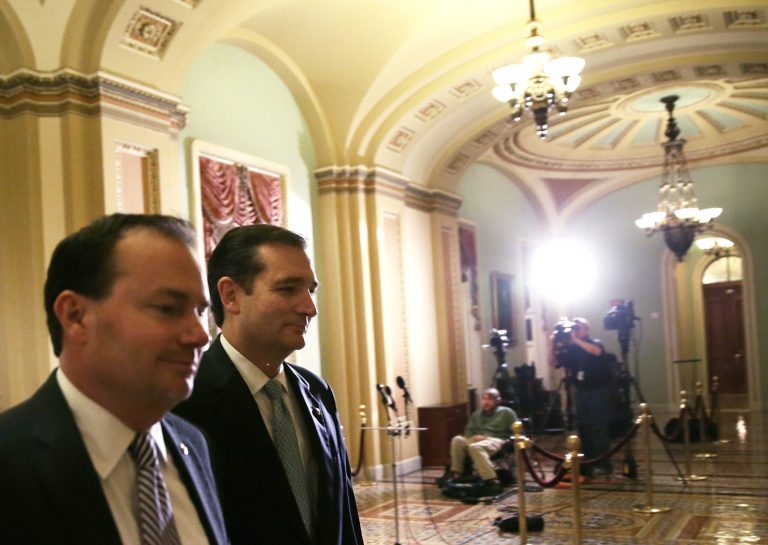 Sen. Ted Cruz and Sen. Mike Lee arrive for a vote Oct. 16, 2013 on Capitol Hill in Washington. (Photo by Alex Wong/Getty images)