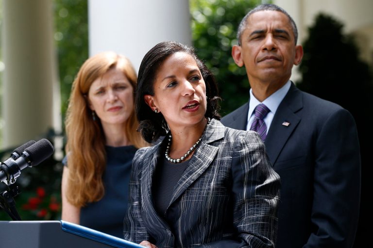 President Obama listens as National Security Adviser Susan Rice speaks in the Rose Garden at the White House in Washington, Wednesday, June 5, 2013, where the president made the announcement. Samantha Power, UN Ambassador, is at left. (AP Photo/Charles Dharapak)