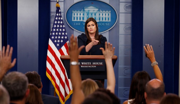 "If you want to talk about somebody who's actually been tough on Russia, look at President Trump," Sanders said. (AP Photo/Evan Vucci)