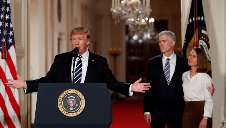 President Trump delivered some remarks about his choice, Appellate Judge Neil Gorsuch, and then let the nominee speak. (AP Photo/Carolyn Kaster)