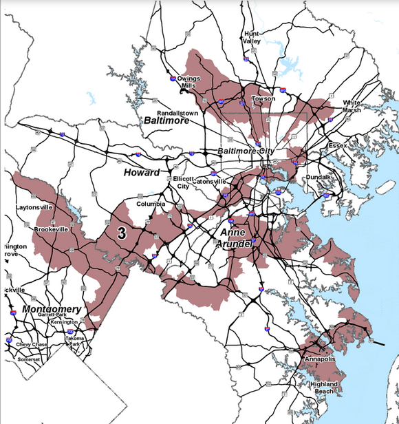 The shaded area shows Maryland's 3rd congressional district. Click the map to see a larger version.
