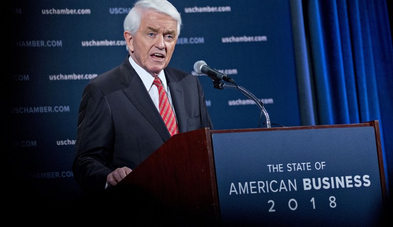 Thomas Donohue, president and chief executive officer of the U.S. Chamber of Commerce, speaks during a State of American Business address in Washington, D.C., U.S., on Wednesday, Jan. 10, 2018. (Andrew Harrer/Bloomberg)