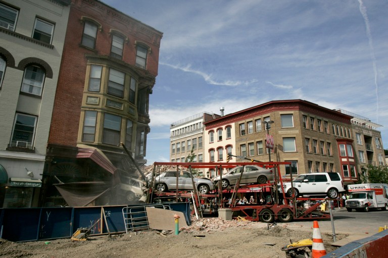 A truck that crashed into Simeon's restaurant is shown in Ithaca, N.Y., Friday, June 20, 2014. (AP Photo/Simon Wheeler, Ithaca Journal)