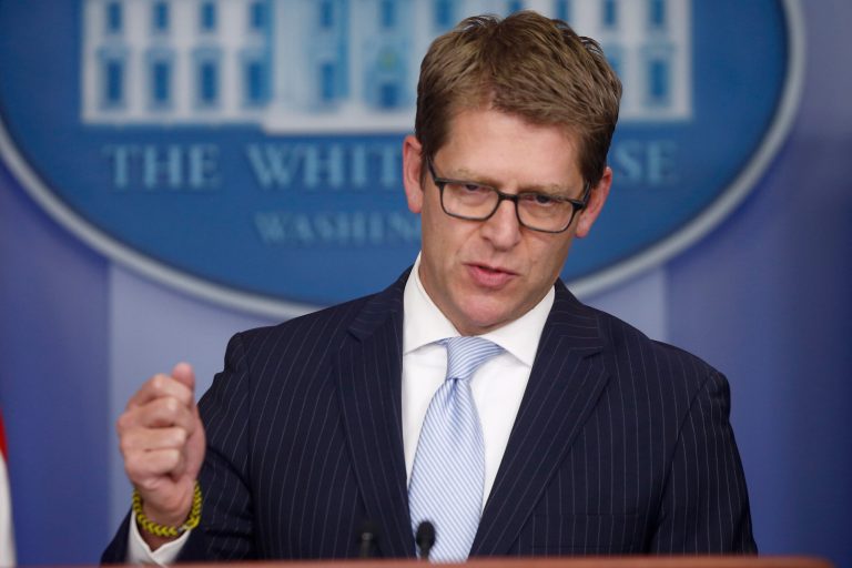 White House press secretary Jay Carney speaks at the daily press briefing at the White House, where he answered questions about President Obama's health care law. (AP Photo/Charles Dharapak)