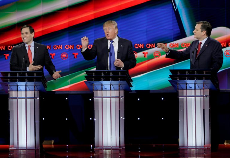 For the first time in the 10 Republican debates, GOP front-runner Donald Trump got pummeled hard, by Sens. Marco Rubio and Ted Cruz. (AP Photo/David J. Phillip)