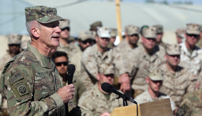 The commander of NATO and U.S. forces in Afghanistan, U.S. Army Gen. John W. Nicholson speaks during a change of command ceremony at Task Force Southwest atn Shorab military camp of Helmand province, Afghanistan, Monday, Jan. 15, 2018.