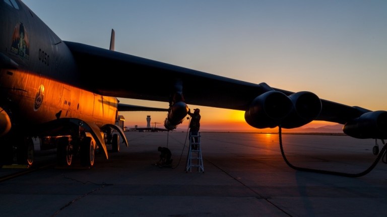 Members of the AGM-183A Air-launched Rapid Response Weapon Instrumented Measurement Vehicle 2 test team make final preparations prior to a captive-carry test flight of the prototype hypersonic weapon at Edwards Air Force Base, California, Aug. 8. 