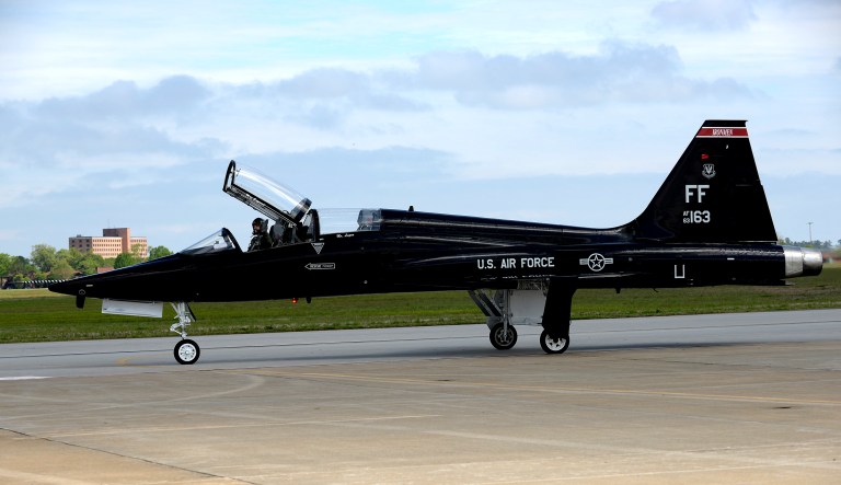 A T-38 Talon is pictured near an Air Force base.