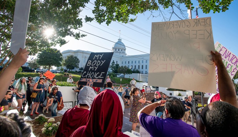 The pro-life cause should and can care about rape victims, too Lucia Hermo, with megaphone, leads chants during a rally against a ban on nearly all abortions, outside of the Alabama State House in Montgomery, Ala., on Tuesday, May 14, 2019.