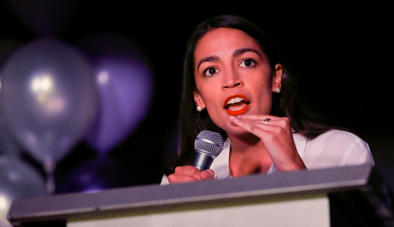 New York Democratic Congressional candidate Alexandria Ocasio-Cortez speaks to supporters, Tuesday, Nov. 6, 2018 in Queens the Queens borough of New York, after defeating Republican challenger Anthony Pappas in the race for the 14th Congressional district of New York.