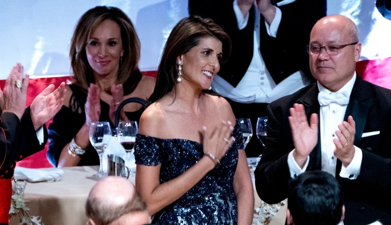 Ambassador to the United Nations Nikki Haley, center, acknowledges applause after her keynote address at the 73rd Annual Alfred E. Smith Memorial Foundation Dinner, Thursday, Oct. 18, 2018, in New York.