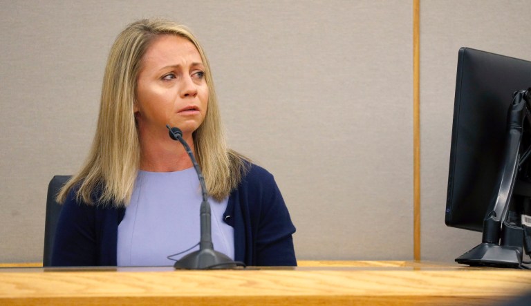Fired Dallas police Officer Amber Guyger becomes emotional on the stand as the defense begins their case in her murder trial in the 204th District Court at the Frank Crowley Courts Building in Dallas, Friday, September 27, 2019. Guyger shot and killed Botham Jean, an unarmed 26-year-old neighbor in his own apartment last year.