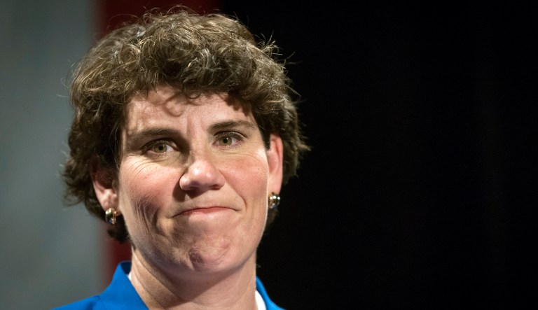 FILE - In this Nov. 6, 2018, file photo,  Amy McGrath speaks to supporters in Richmond, Ky. McGrath, a Marine combat aviator who narrowly lost a House race to an incumbent Republican in Kentucky, has set her sights on an even more formidable target: Senate Majority Leader Mitch McConnell.