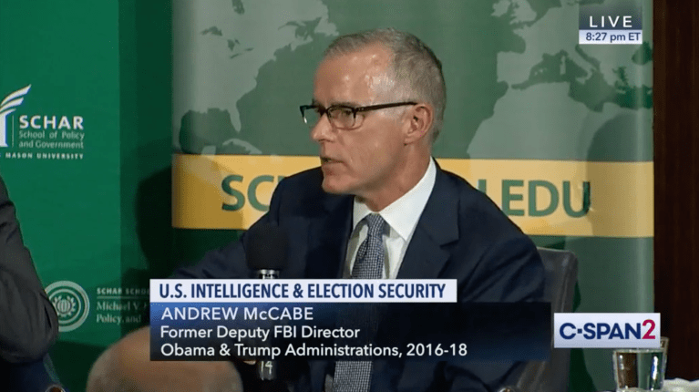 Andrew McCabe speaks at George Mason University's "2020 Vision" panel at the National Press Club on October 30, 2019.