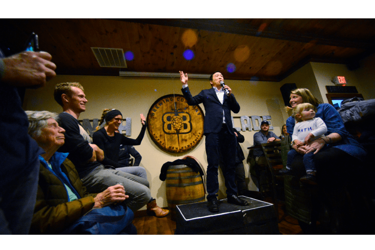 Democratic presidential candidate Andrew Yang speaks during a town hall at Branch and Blade Brewing Company in Keene, N.H., on Monday, Dec. 2, 2019. (Kristopher Radder/Brattleboro Reformer via AP)