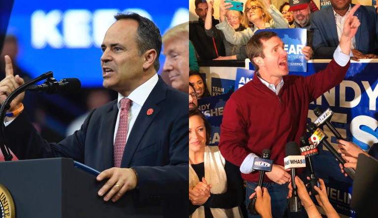 LEFT: President Donald Trump, right, listens as Kentucky Gov. Matt Bevin, left, speaks during a campaign rally in Lexington, Ky., Monday, Nov. 4, 2019. (AP Photo/Susan Walsh) RIGHT: Democrat Andy Beshear speaks to supporters after a day long tour of Kentucky on the last night of the campaign for governor in Louisville, Ky., on Monday, November 4, 2019. Beshear traveled the state as his opponent Republican governor Matt Bevin welcomed President Donald Trump for a rally Monday night in Lexington. Voters go to the polls Tuesday. (AP Photo/Dylan Lovan)