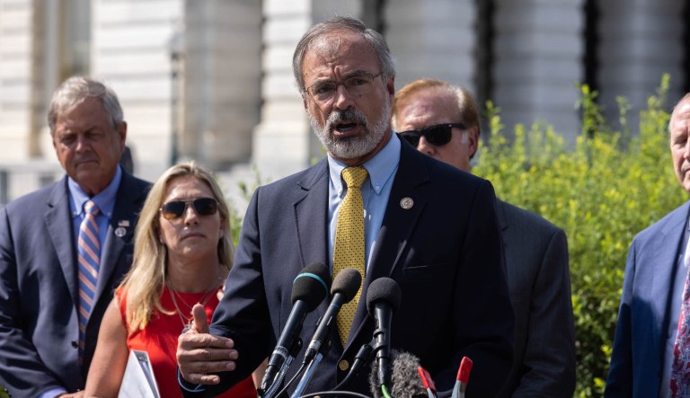 Republican Rep. Andy Harris of Maryland speaks at a House Freedom Caucus press conference on Aug. 23, 2021. (Graeme Jennings/Washington Examiner)