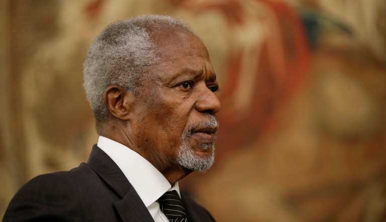 Former U.N. Secretary General Kofi Annan answers to the Associated Press journalist during an interview at the Palazzo Reale, in Milan, Italy, Saturday, Nov. 4, 2017. Former U.N. Secretary General Kofi Annan and Mozambican humanitarian Graca Machel are addressing a summit on the global crisis of malnutrition that is an underlying cause of half of child deaths.