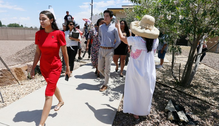 U.S. Rep. Alexandria Ocasio-Cortez, D-New York, walks to the front of the Clint Border Patrol station to talk about what she saw at area border facilities Monday, July 1, at the station in Clint.
