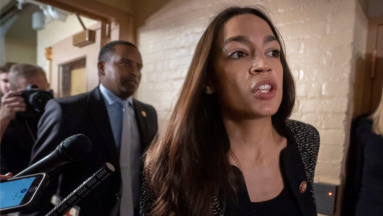 Rep. Alexandria Ocasio-Cortez, D-N.Y., followed by Rep. Joe Neguse, D-Colo., responds to reporters' questions after Speaker of the House Nancy Pelosi, D-Calif., met with all the House Democrats, many calling for impeachment proceedings against President Donald Trump after his latest defiance of Congress by blocking his former White House lawyer from testifying yesterday, at the Capitol in Washington, Wednesday, May 22, 2019. 