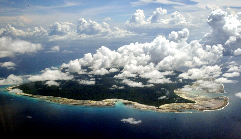 This is an aerial view of North Sentinel Island, in India's southeastern Andaman and Nicobar Islands.