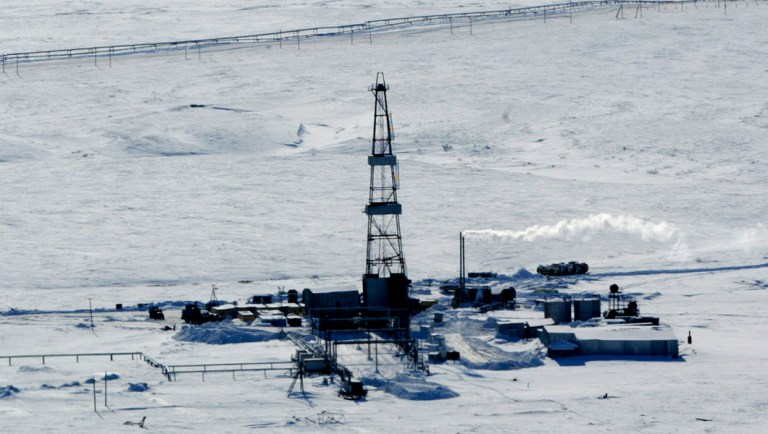 View of a drilling rig at the Val Gamburtseva oil fields in Russia's Arctic Far North.