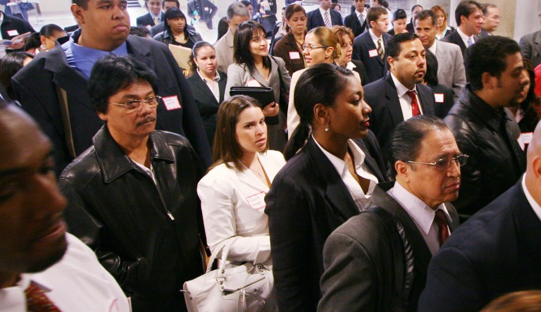 Hispanic unemployment again hits new record low in July Attendees to a job fair sponsored by the Hispanic Alliance for Career Enhancement file into the Jacob Javits Convention Center. The Labor Department will issue unemployment figures.