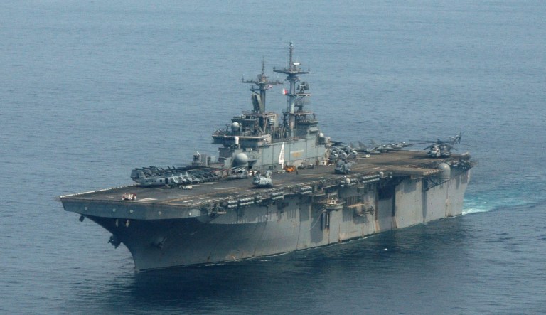 The USS Boxer, an amphibious assault ship, is seen.